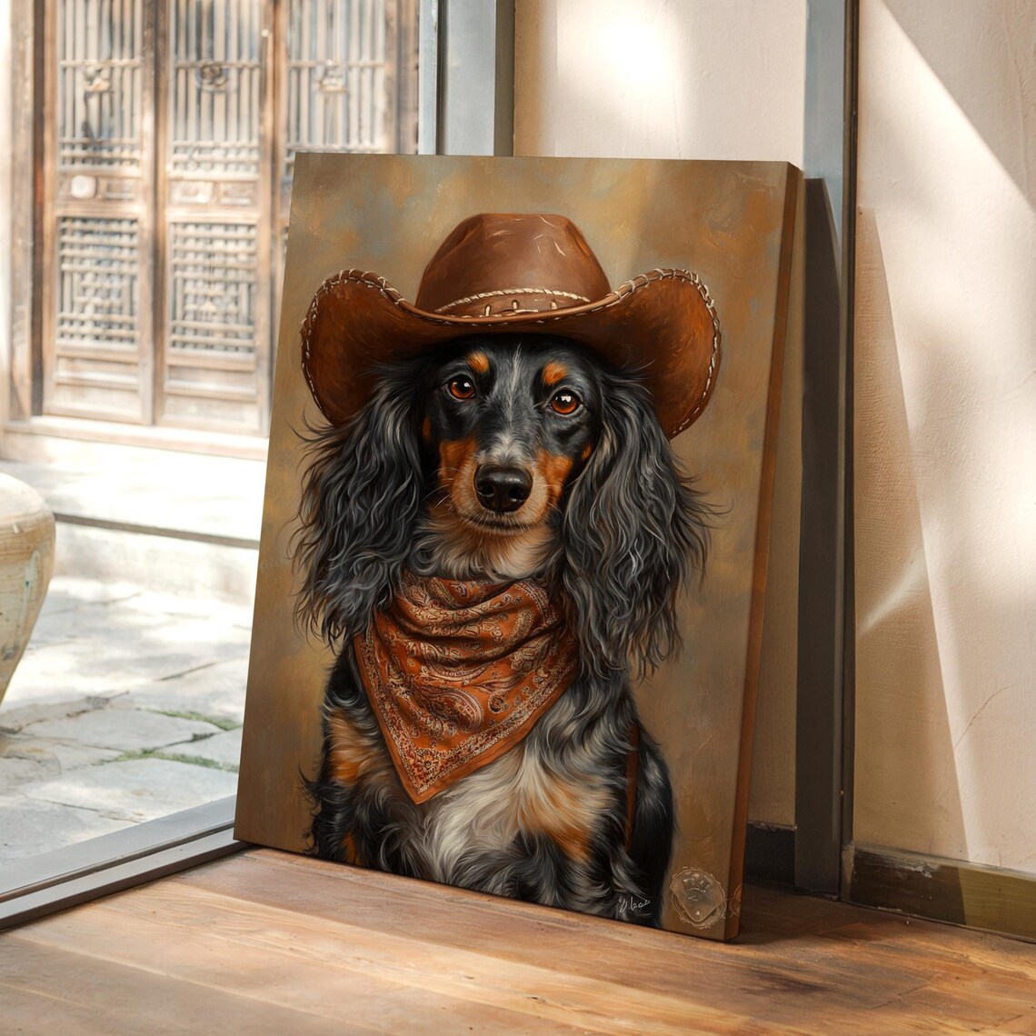 Long Haired Dapple Dachshund Cowboy Western Dog Portrait Poster