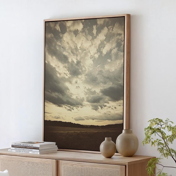 Vintage Sky Art Dramatic Cloudy Sunset Over Rural Landscape Rustic Wall Decor For Nature Inspired Home Accents