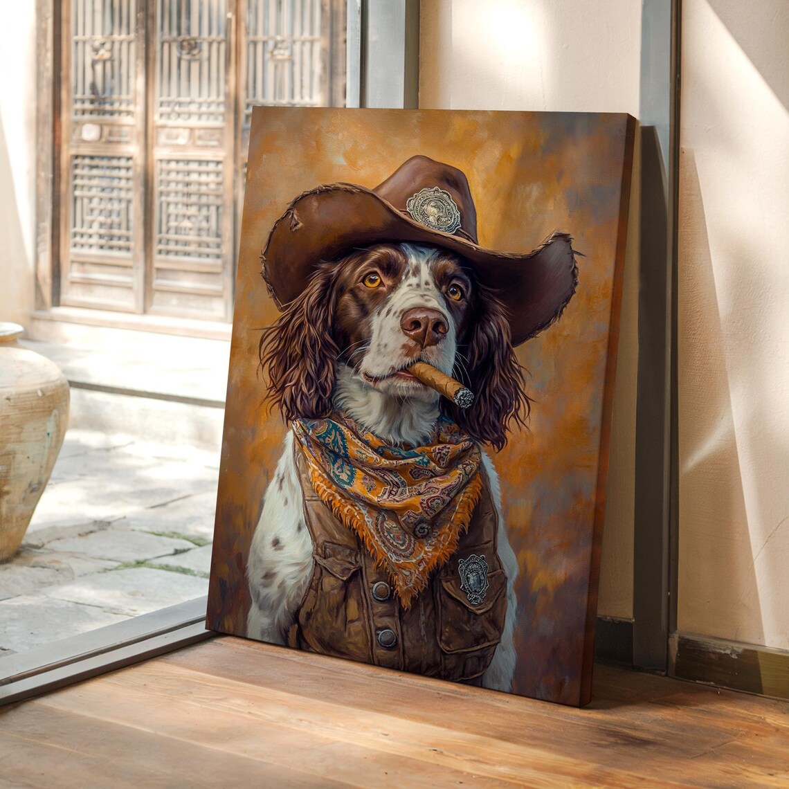 Spaniel Dog Cowboy Sheriff Smoking Cigar Hat Bandana Badge Poster
