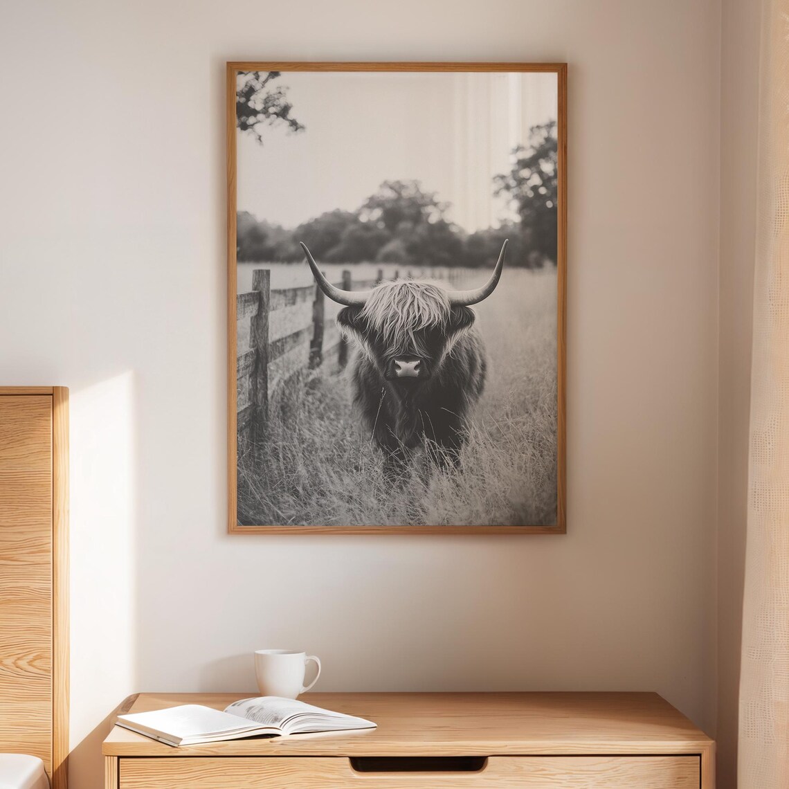 Highland Cow Black And White Pasture Portrait Photography Poster