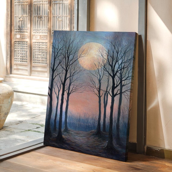 Moonlit Forest Wall Art Serene Pastel Trees In Misty Twilight Dreamy Landscape Painting For Tranquil Nature Inspired Decor