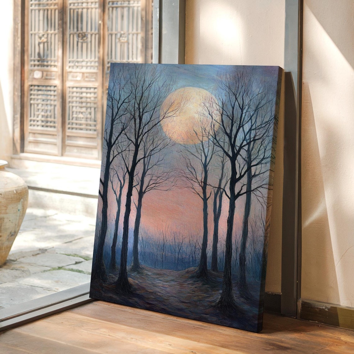 Moonlit Forest Trees Misty Twilight Full Moon Landscape Poster