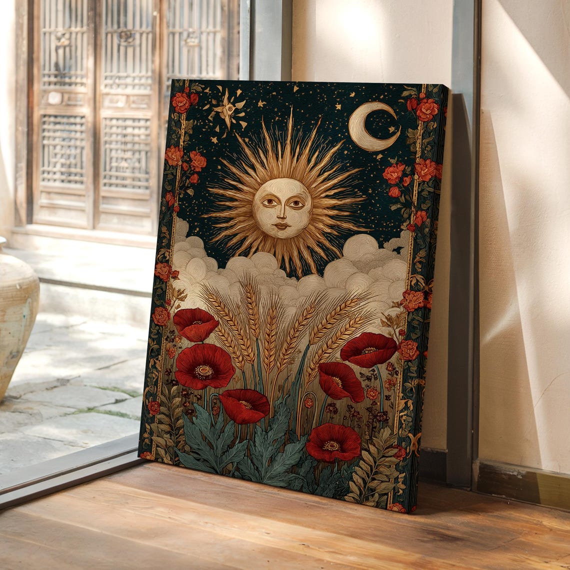 Boho Sun And Moon With Poppies And Wheat Celestial Art Poster