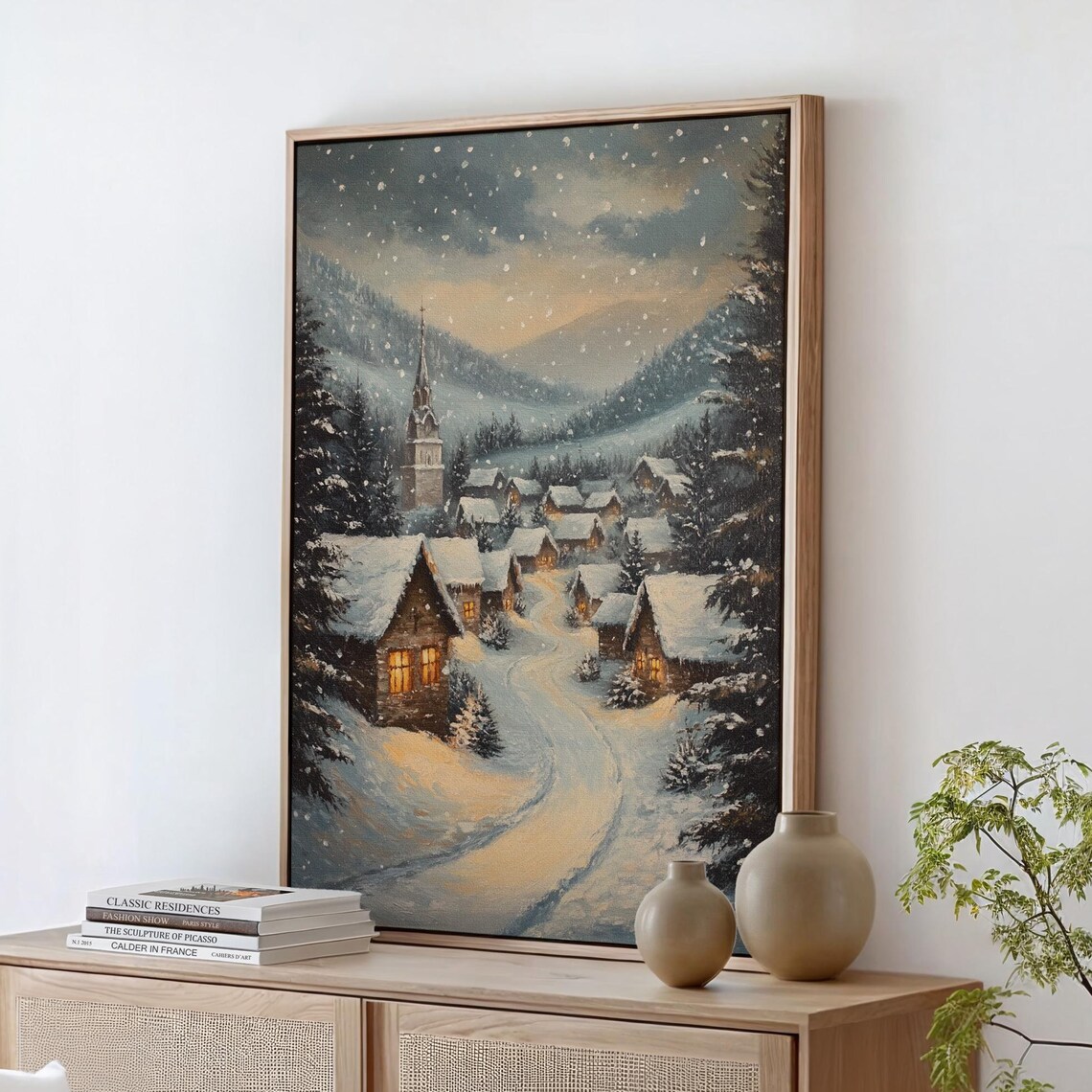 Snow Covered Village With Church Steeple Winter Evening Art Print