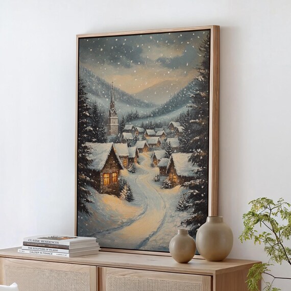 Snow Covered Village With Church Steeple Winter Evening Art Print