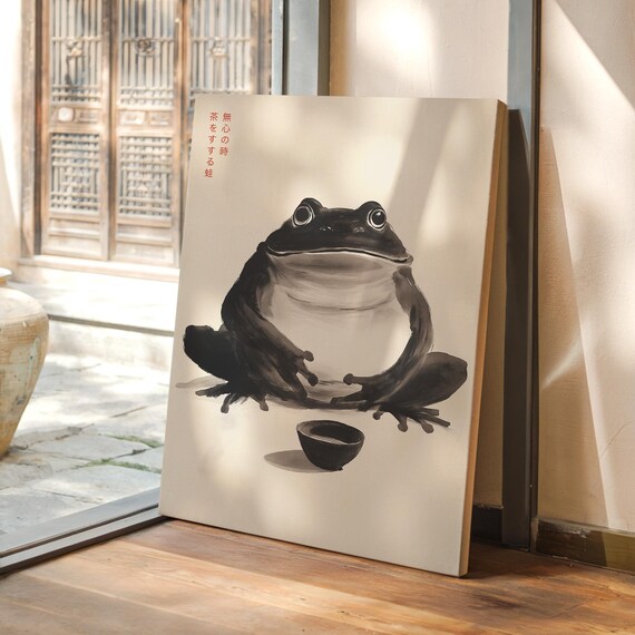 Ink Wash Frog With Tea Cup Japanese Zen Calligraphy Art Poster