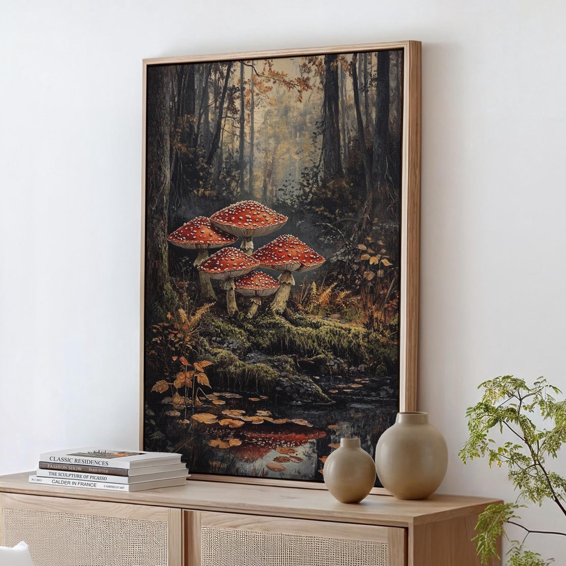 Red Fly Agaric Mushrooms by a Still Forest Pond Reflections Poster