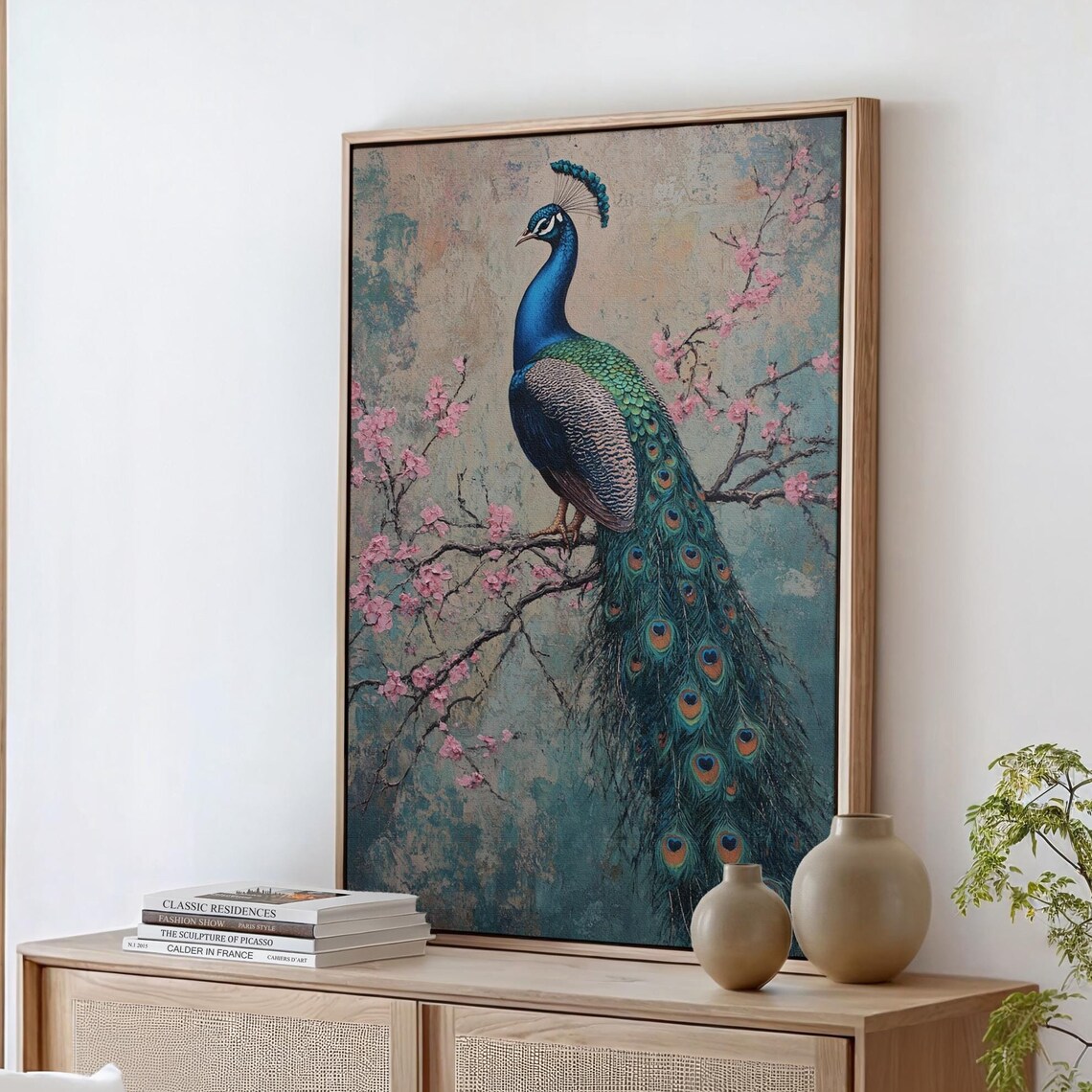 Majestic Peacock Cherry Blossom Branch Vintage Textured Art Poster