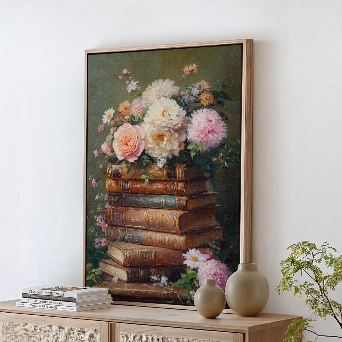 Vintage Oil Painting of Antique Books and Roses