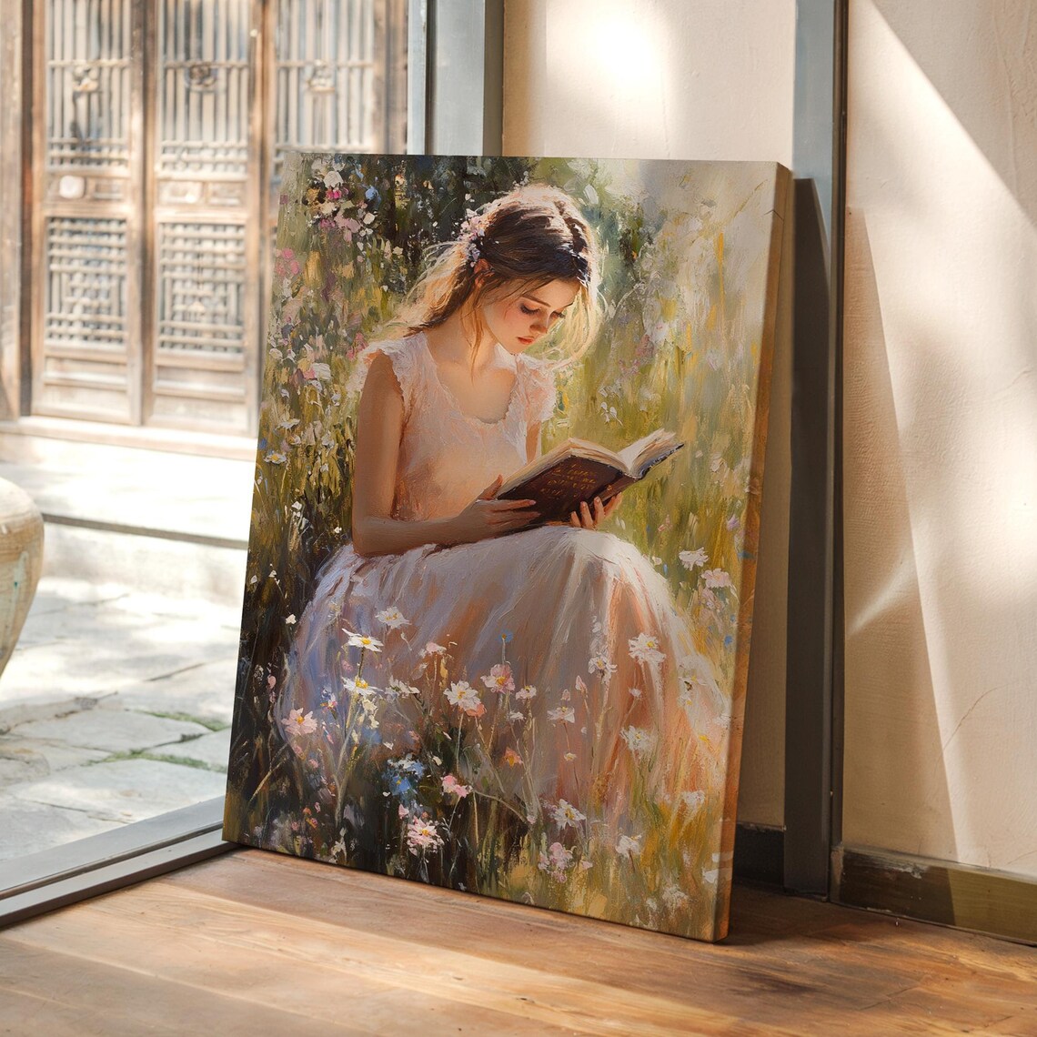 Girl Reading in Wildflower Field Pink Dress Romantic Book Art Print