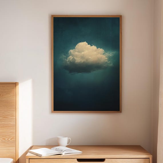 Moody Cloud Canvas Wall Art Single Fluffy On Deep Teal Sky Atmospheric Minimalist Print For Modern Bedroom Or Office Decor