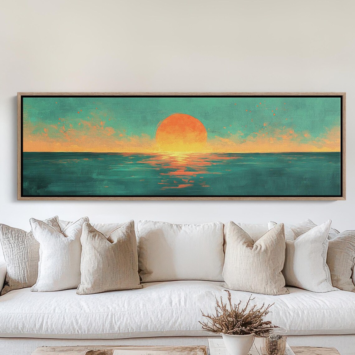 Vibrant Teal And Orange Ocean Sunset Large Sun Horizon Painterly Poster