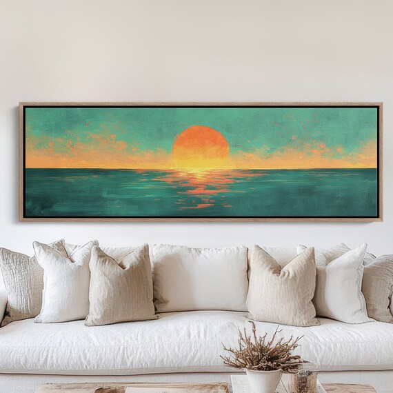 Vibrant Teal And Orange Ocean Sunset Large Sun Horizon Painterly Poster