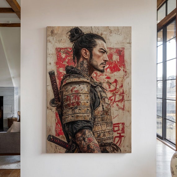 Samurai Warrior Art Print Intense Side Profile In Detailed Armor Red Accents And Textured Background For Bold Japanese Decor