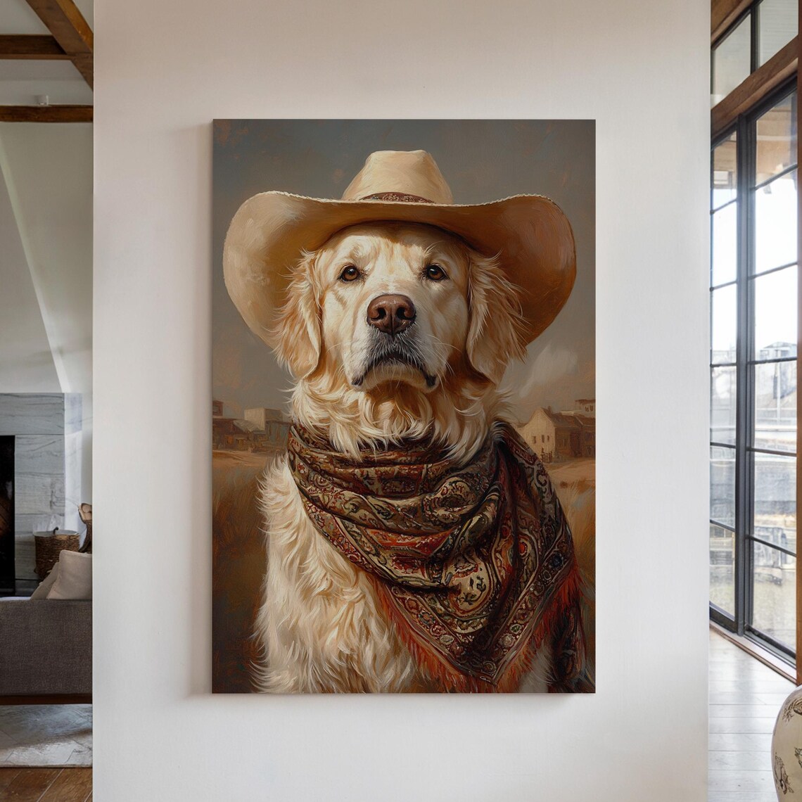 Golden Retriever Cowboy Art Print, Rustic Western