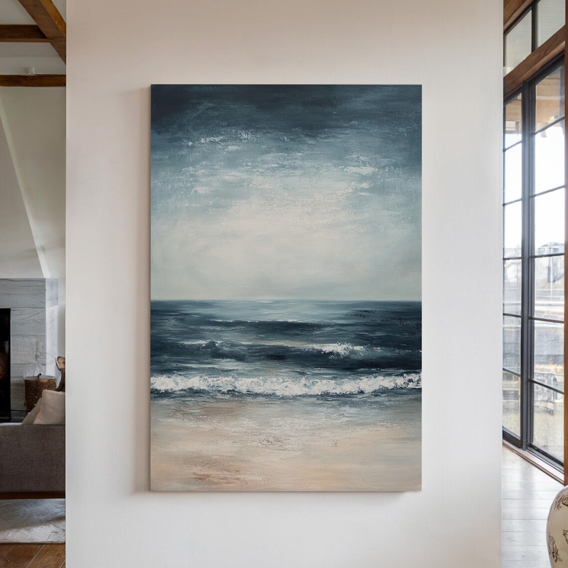 Moody Dark Blue Ocean Waves Coastal Seascape Oil Painting Poster
