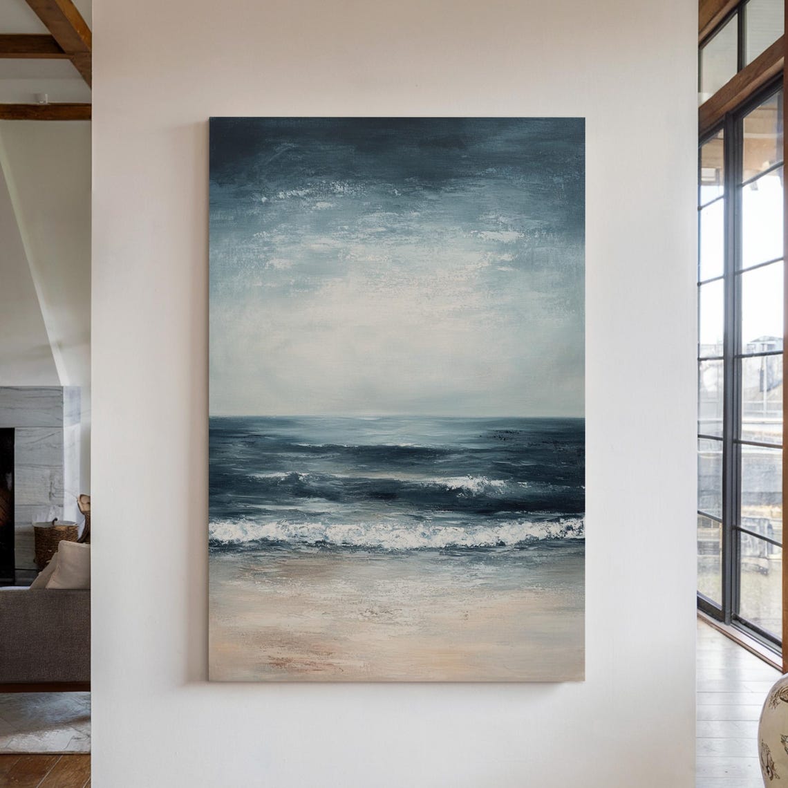 Moody Ocean Waves Oil Painting Coastal Wall Art Minimalist Seascape Print Modern Beach Decor Dark Blue Sea