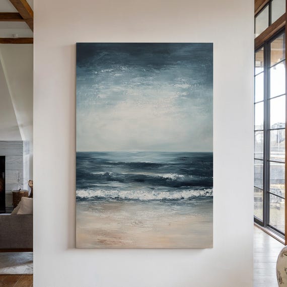 Moody Ocean Waves Oil Painting Coastal Wall Art Minimalist Seascape Print Modern Beach Decor Dark Blue Sea