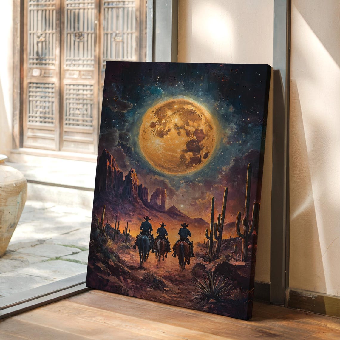 Moonlit Western Desert Wall Art Cowboys Under Starry Sky