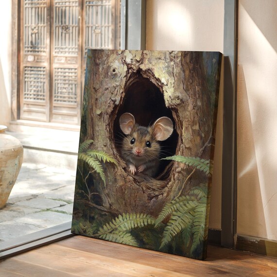 Woodland Mouse In Tree Art Print, Rustic Wildlife