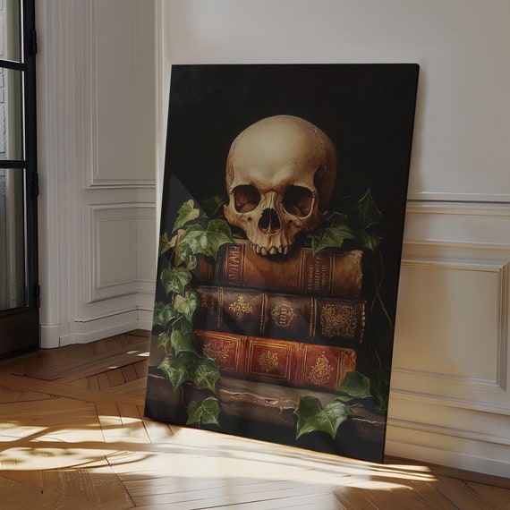 Dark Academia Skull Vintage Still Life Art Gothic Library Decor Antique Books Ivy Macabre Wall Art