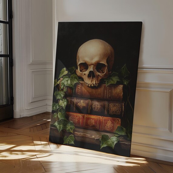 Vintage Skull On Antique Books With Ivy Dark Academia Still Life Wall Art