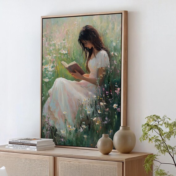 Woman Reading Book in Wildflower Meadow Romantic Cottagecore Poster