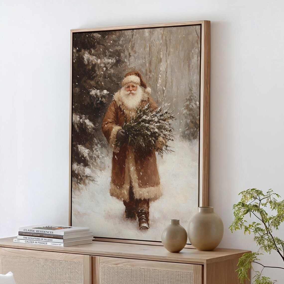 Vintage Santa Brown Fur Coat Snowy Woods Christmas Eve Poster