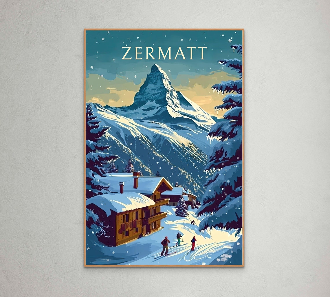 Vintage Ski Poster Of Zermatt Retro Travel Wall Art Swiss Ski Decor Mountain Print Zermatt Skiing Art Swiss Alps Poster