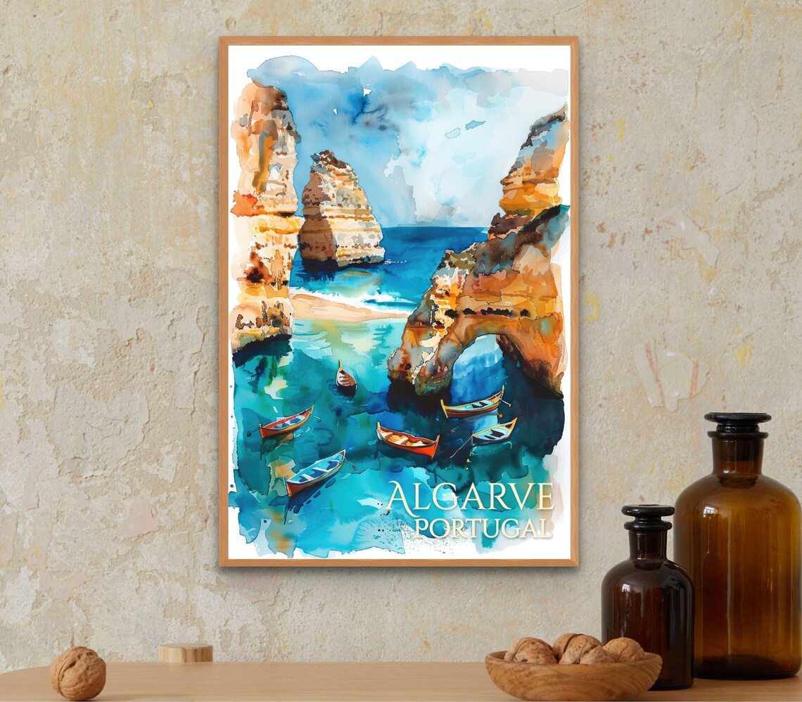 Algarve Coastline Art Print Colorful Seaside And Fishing Boats Portuguese Beach Decor Vibrant Watercolor Landscape - Image 3