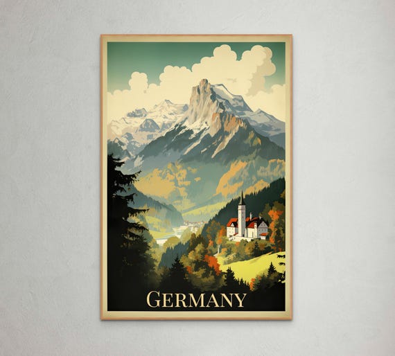 Germany Vintage Travel Poster Majestic Mountain Landscape With Castle Perfect For Home Decor And Travel Enthusiasts