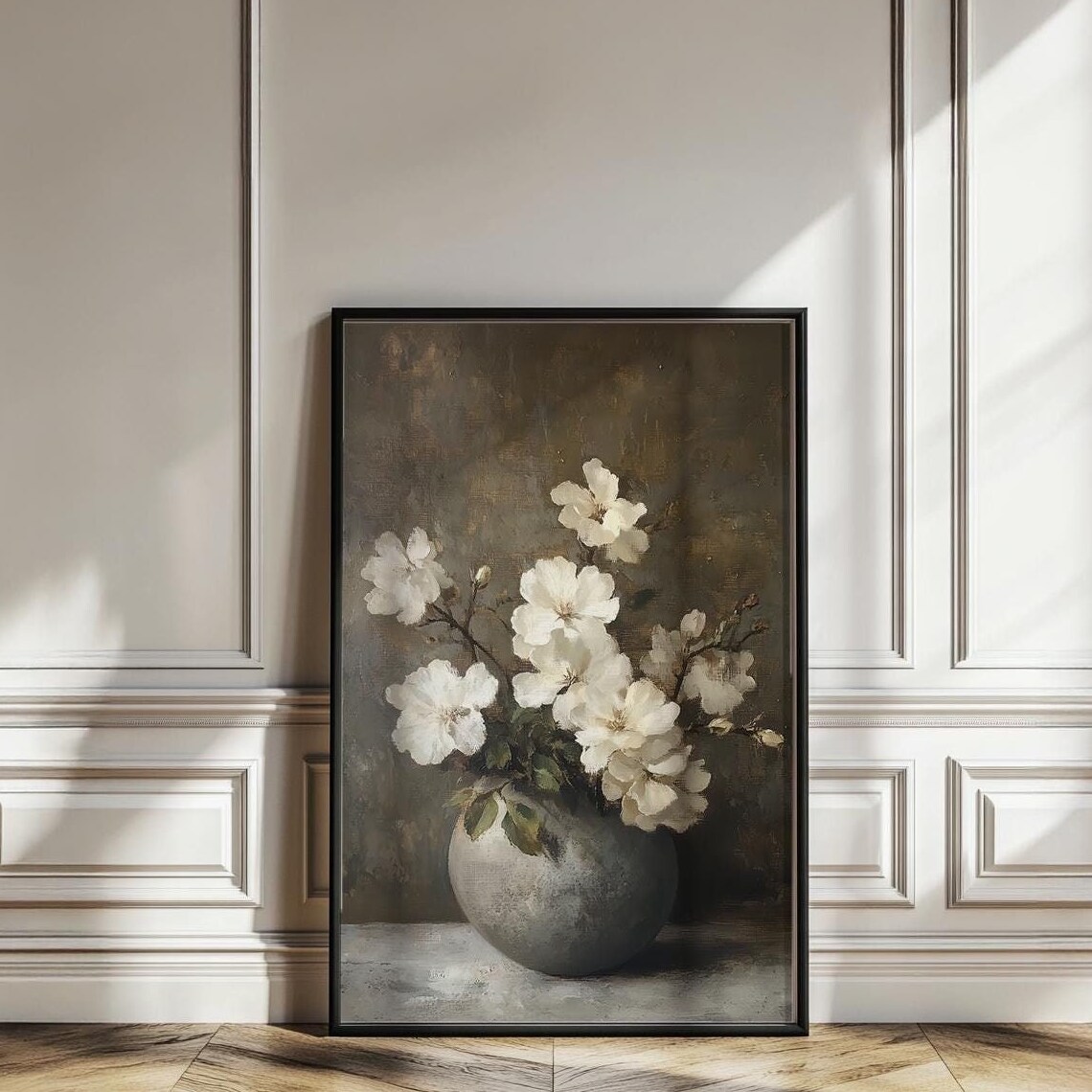 White Dogwood Blossoms In Grey Vase Dark Moody Floral Still Poster