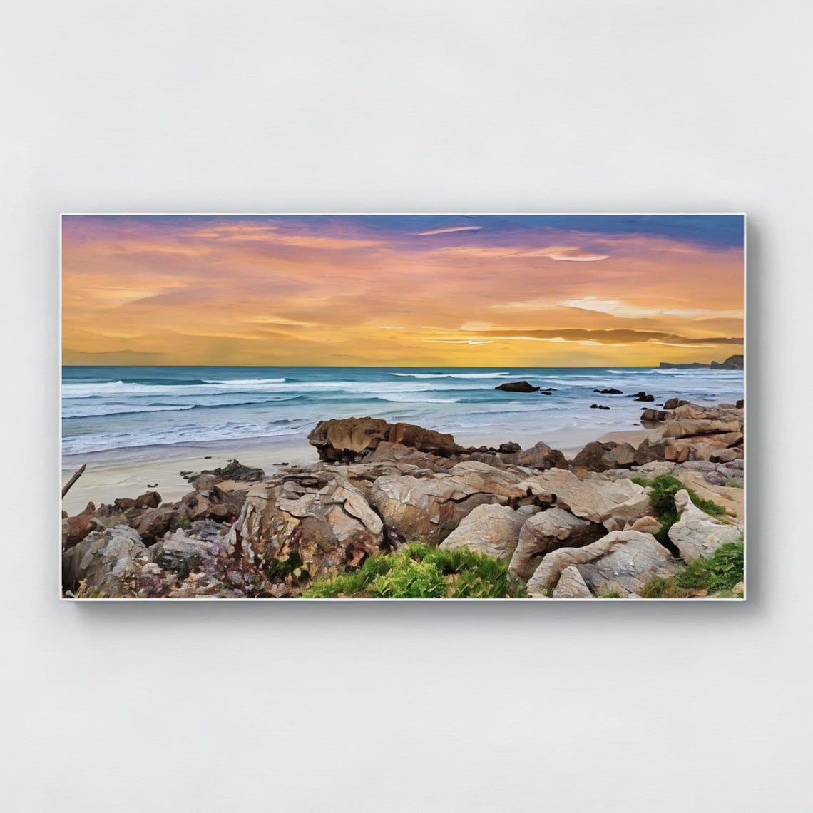 Sunset Over Rocky Beach Ocean Waves Seascape Painting Wall Art