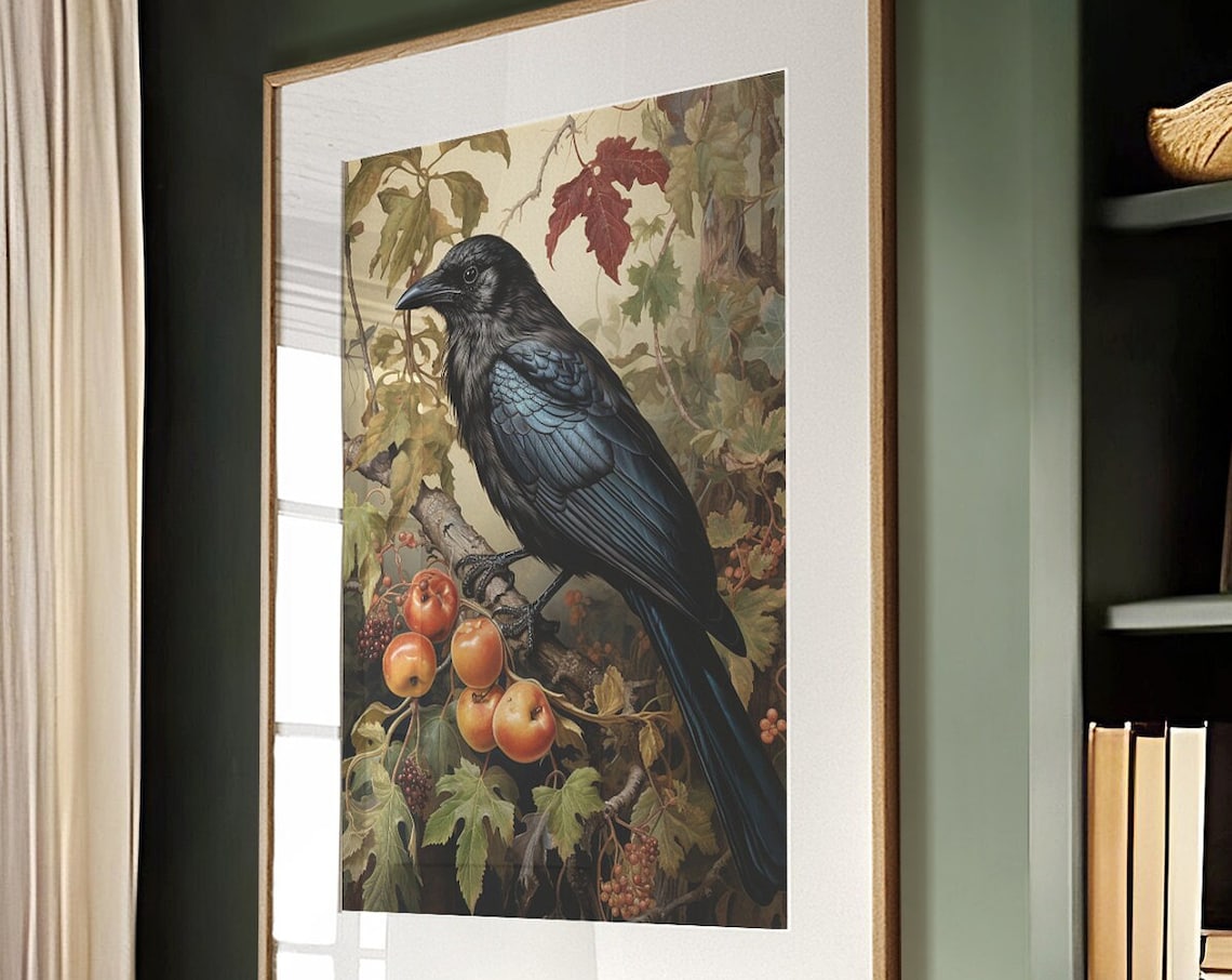 Black Crow on Autumn Branch with Fruit Vintage Botanical Poster