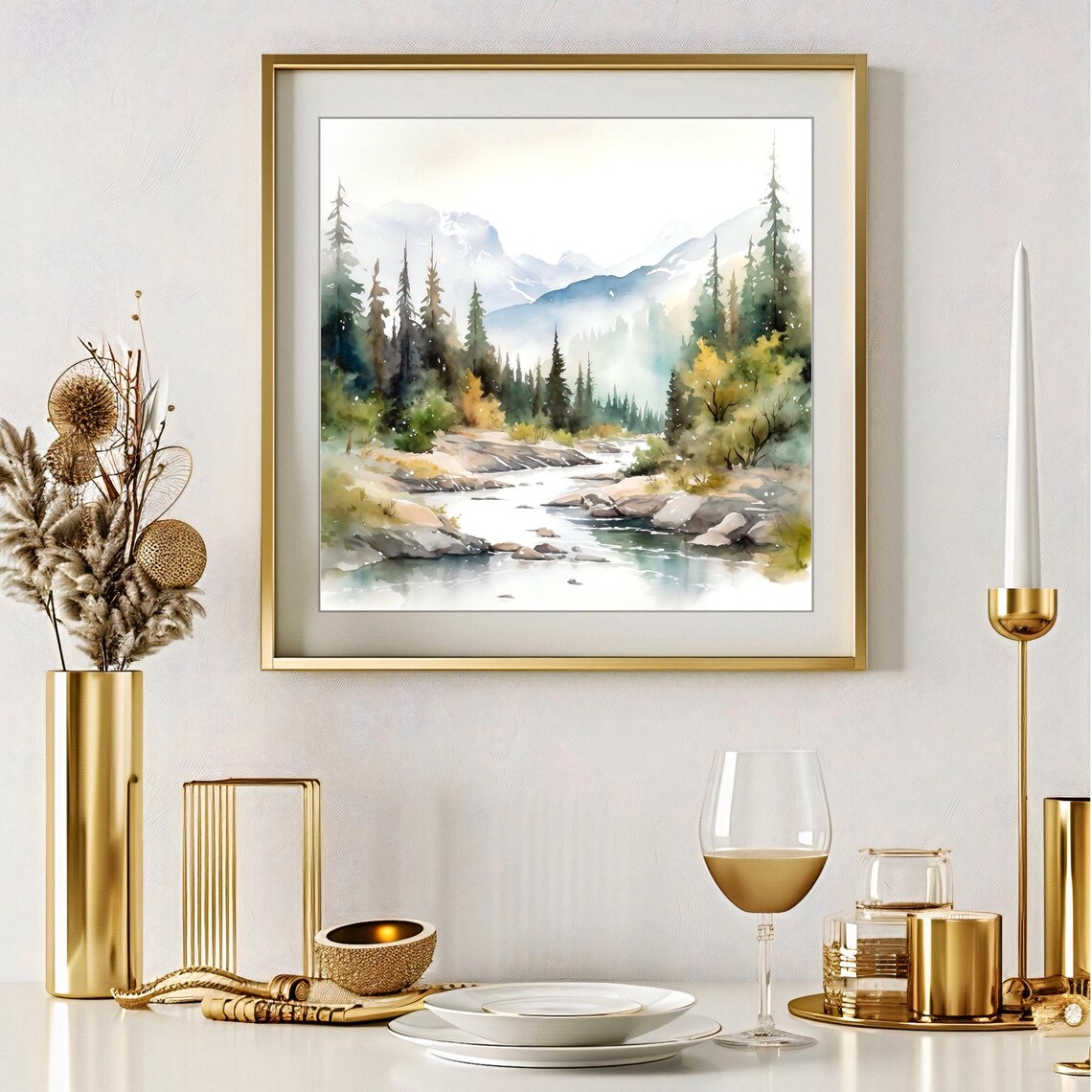 Mountain River Pine Forest Watercolor Landscape Nature Art Print - Image 3