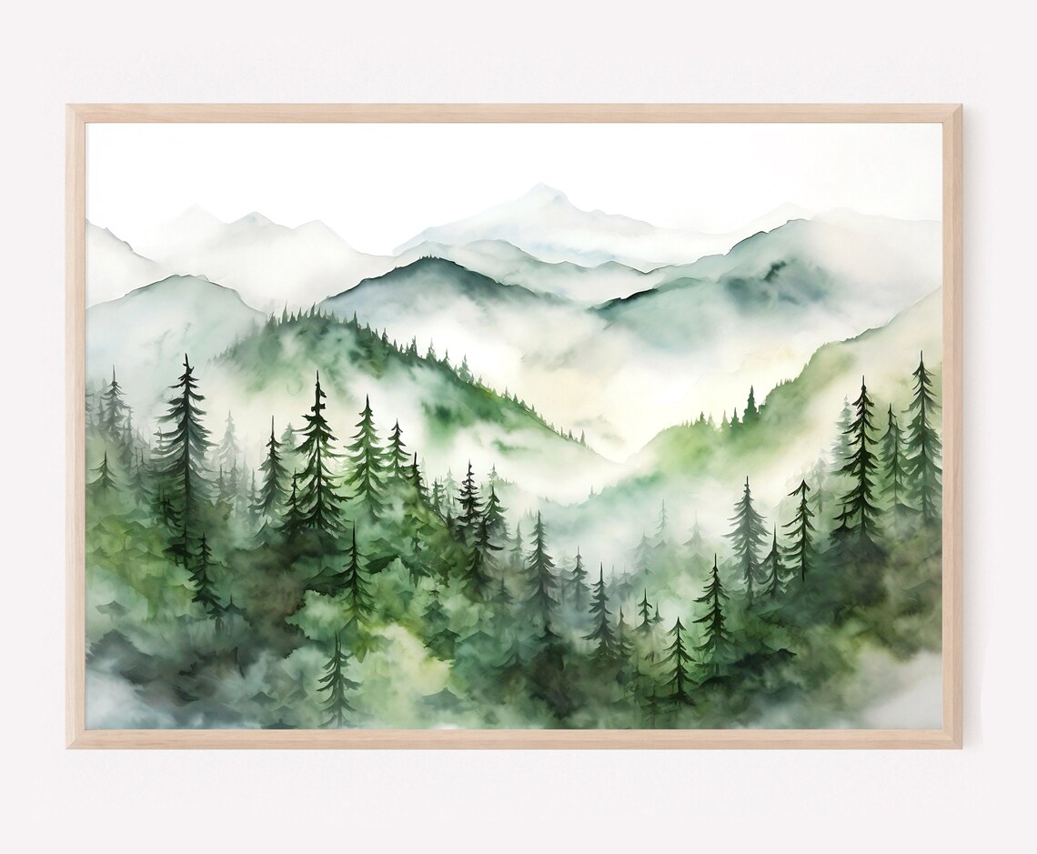 Misty Pine Forest Mountain Layers Panoramic Watercolor Wall Art