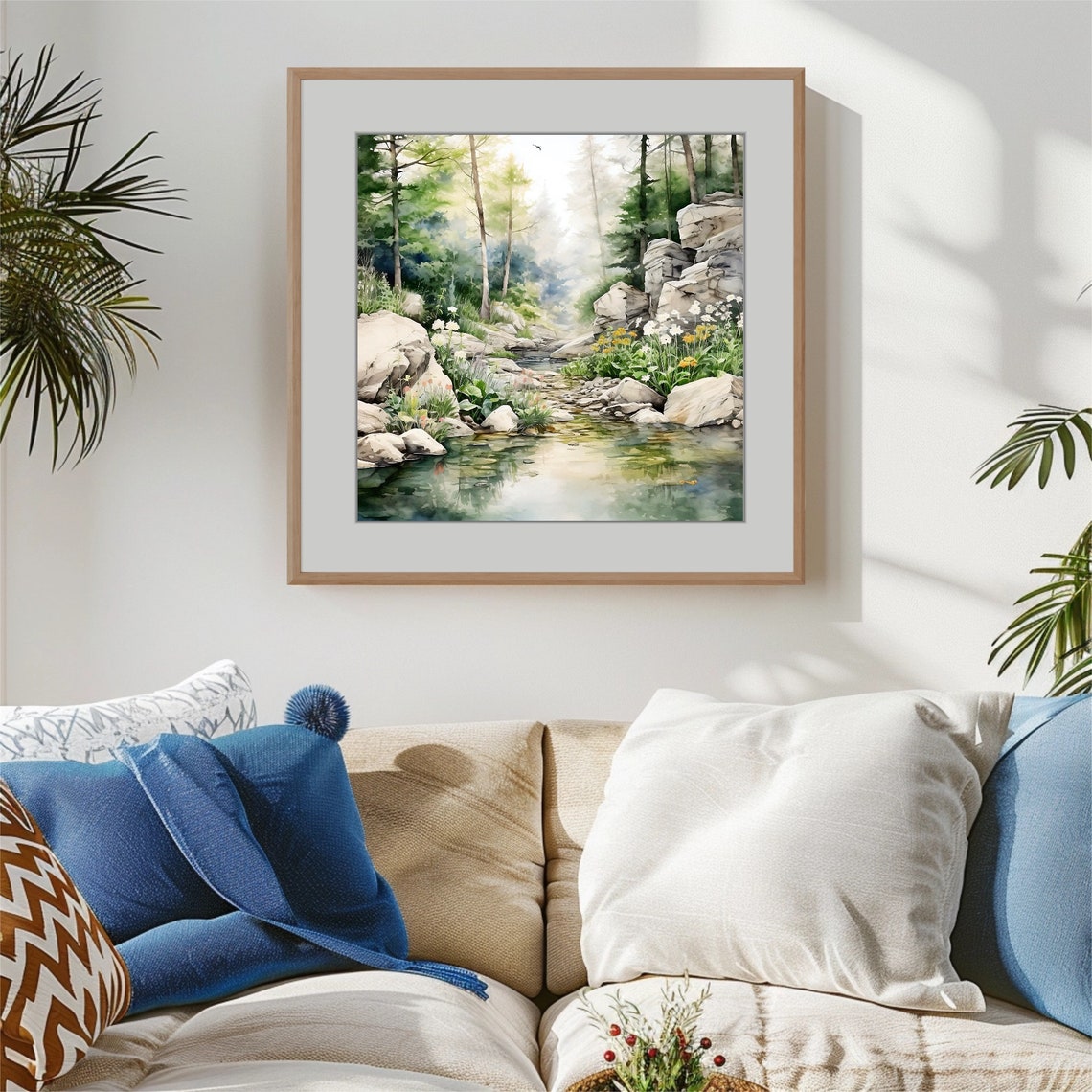 Misty Stream Through Boulders Wildflowers Soft Watercolor Poster - Image 4
