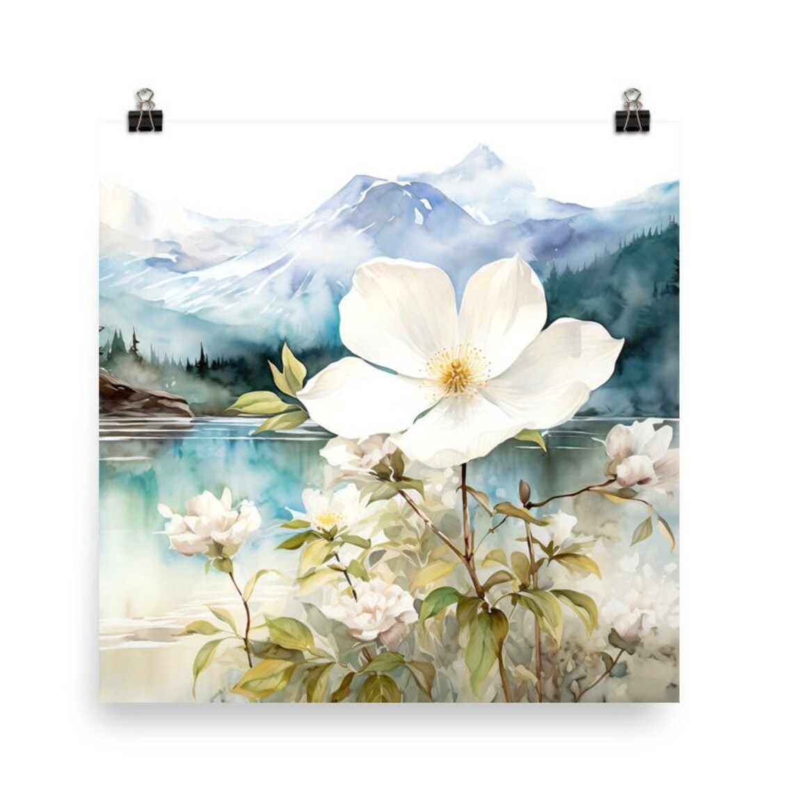Alaska Mountain Lake Watercolor Wall Art Print - Image 2