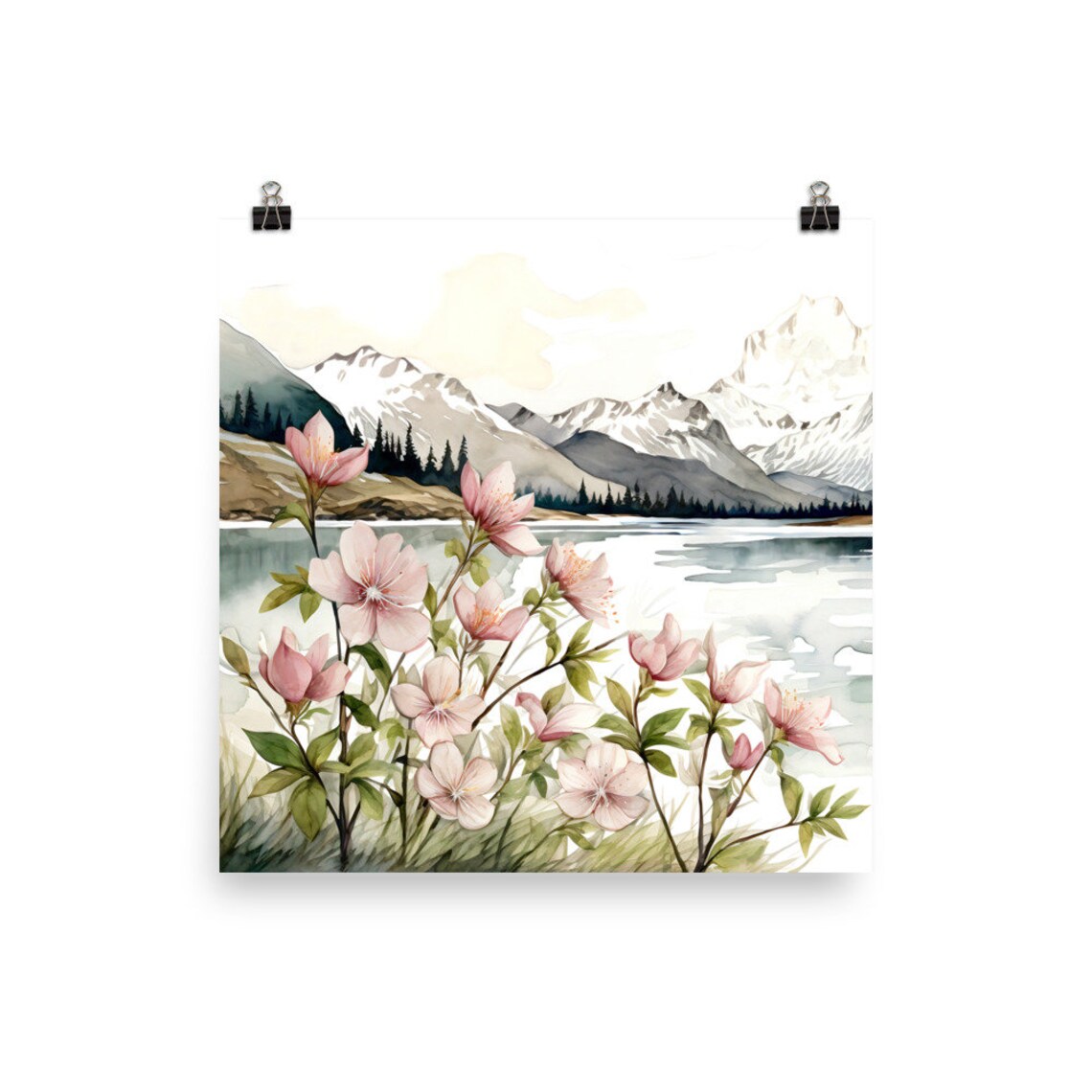 Snowy Mountain Lake Pink Wildflowers Watercolor Landscape Poster - Image 3