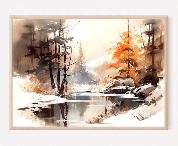 Winter Forest Lake Mountain Watercolor Art Print