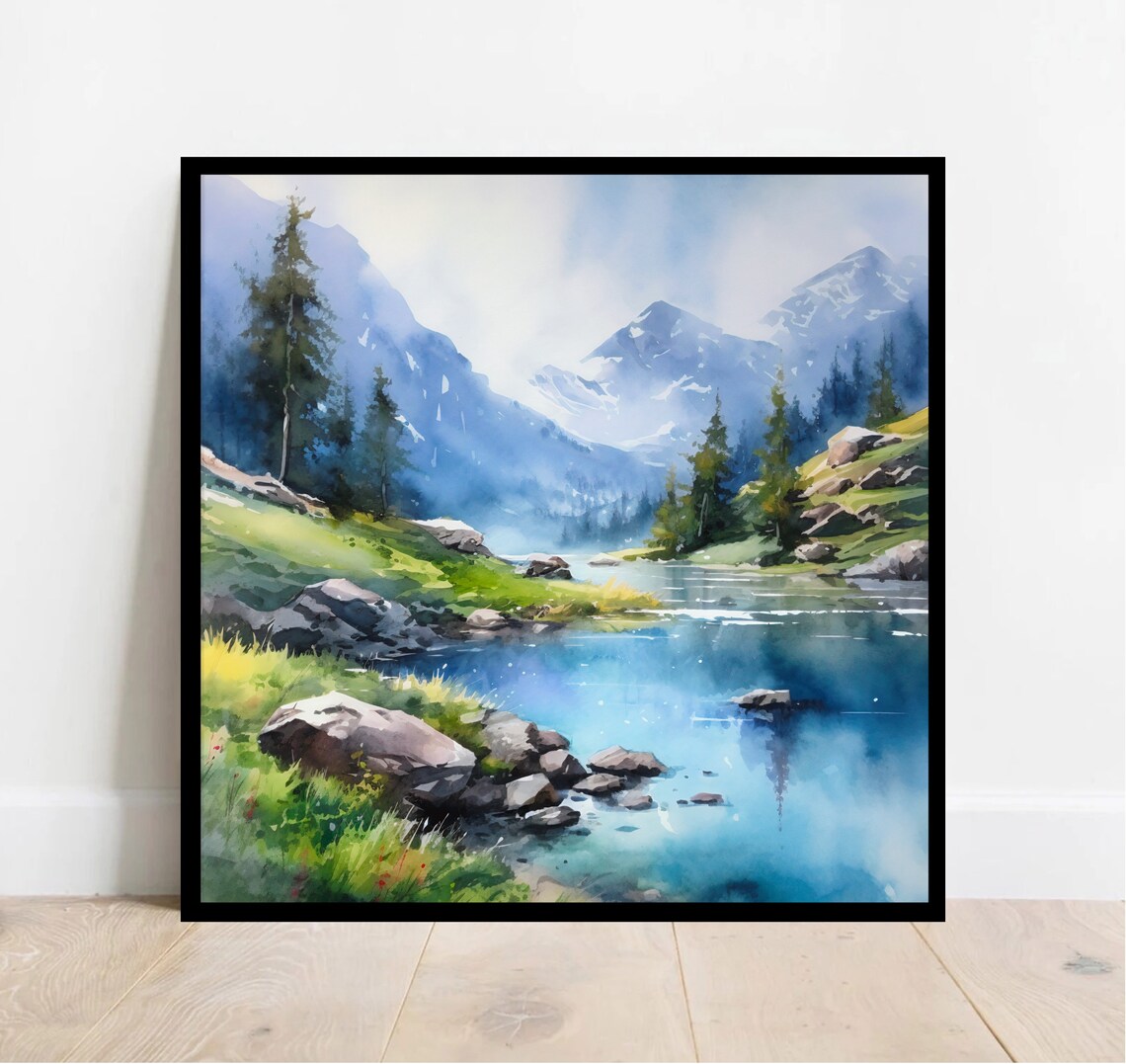 Blue Alpine Lake Watercolor with Snowy Peaks and Meadow Poster - Image 3