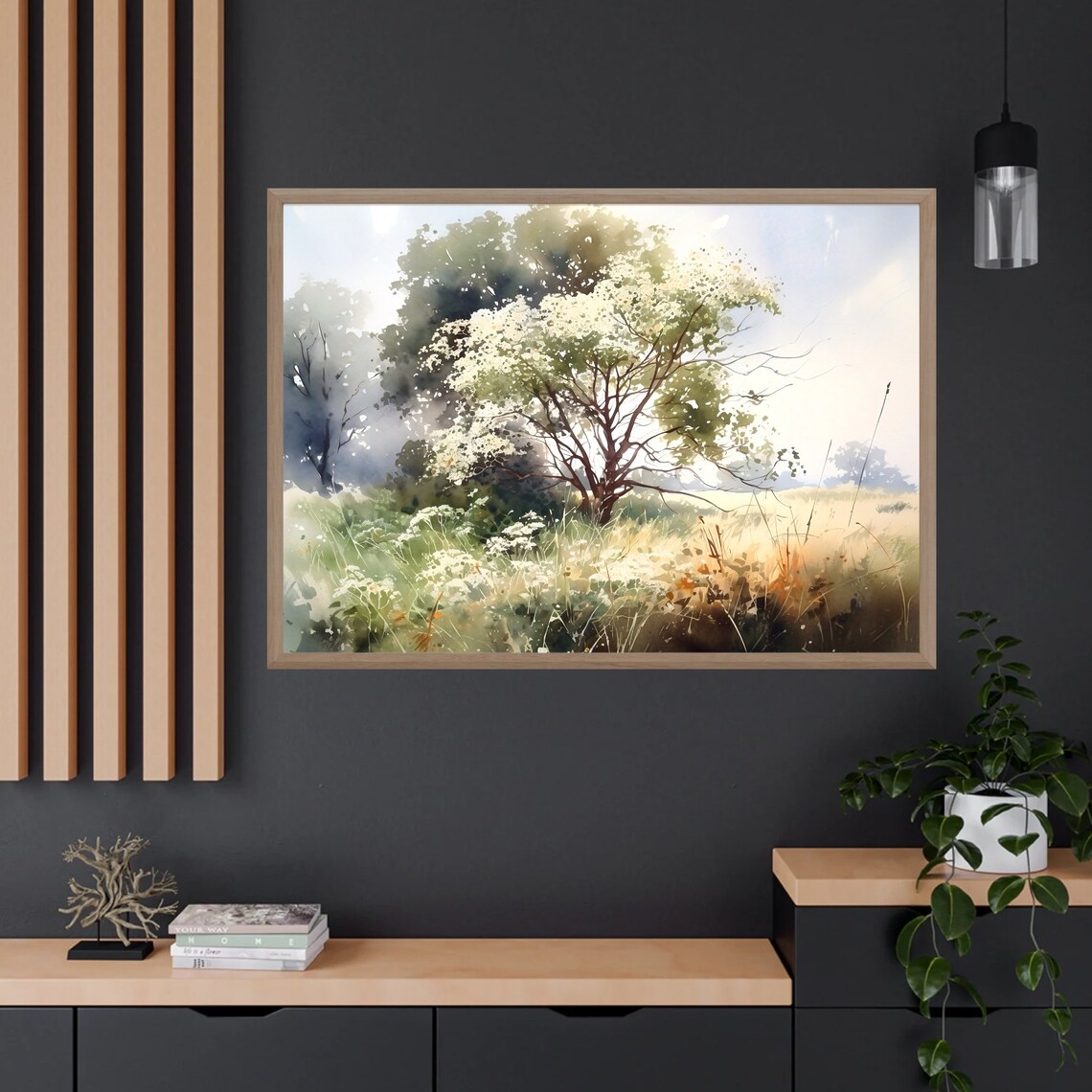 Blossoming Tree Watercolor Meadow with White Flowers and Grass Print - Image 2