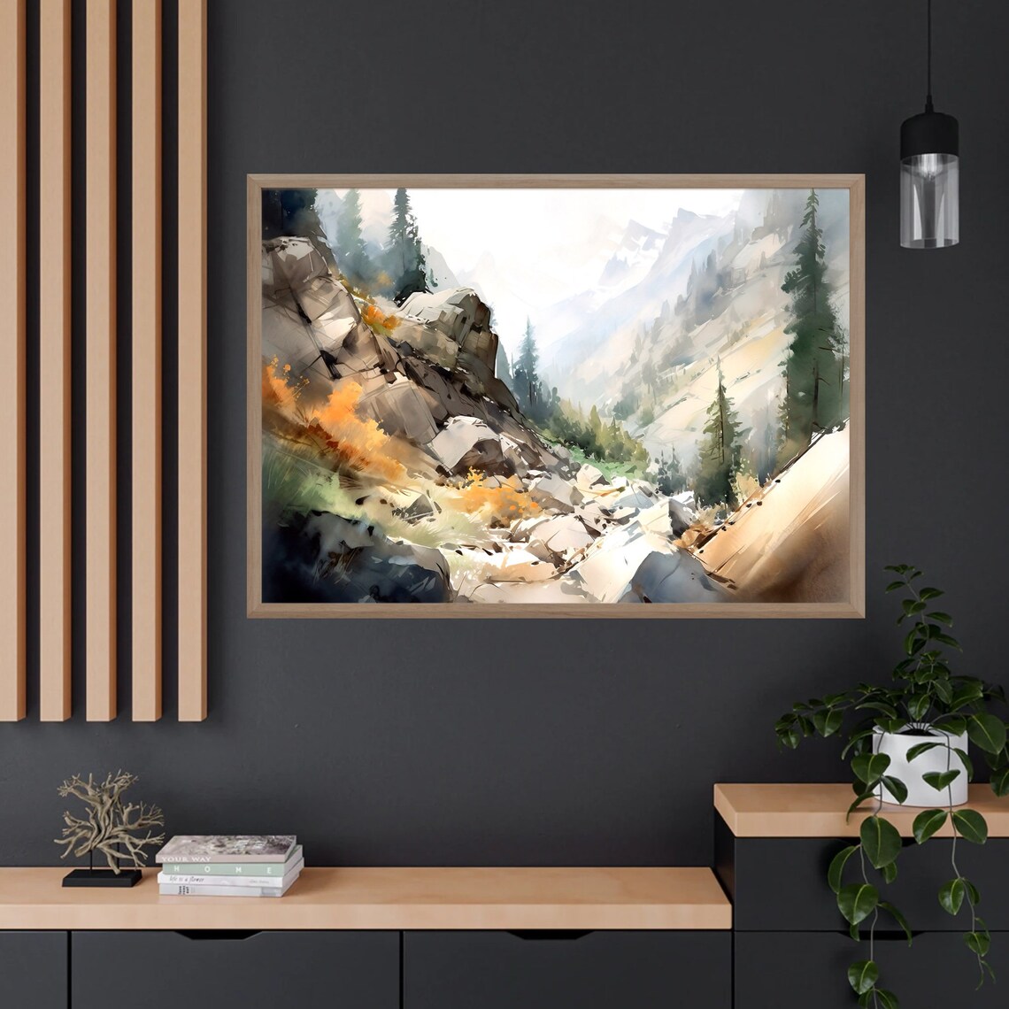 Misty Mountain Canyon Stream Watercolor Rocky Valley Scene Poster - Image 2