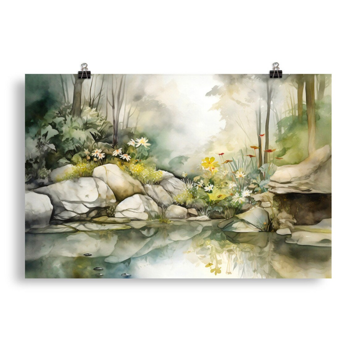 Misty Forest Pond with Daisies and White Rocks Watercolor Poster - Image 5