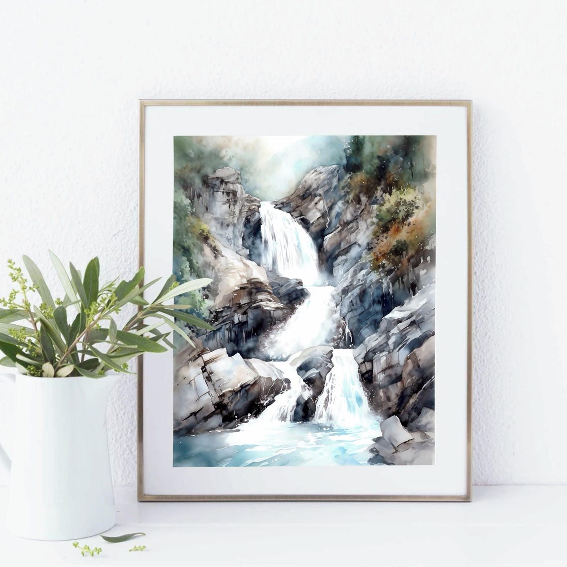 Mountain Waterfall Cascading Over Rocky Cliffs Watercolor Poster - Image 4
