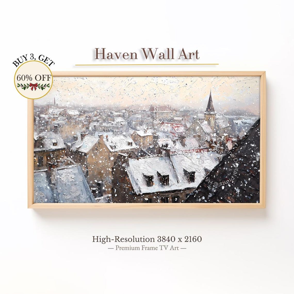 Snowy European Rooftops Church Spire Falling Snow Painting Poster