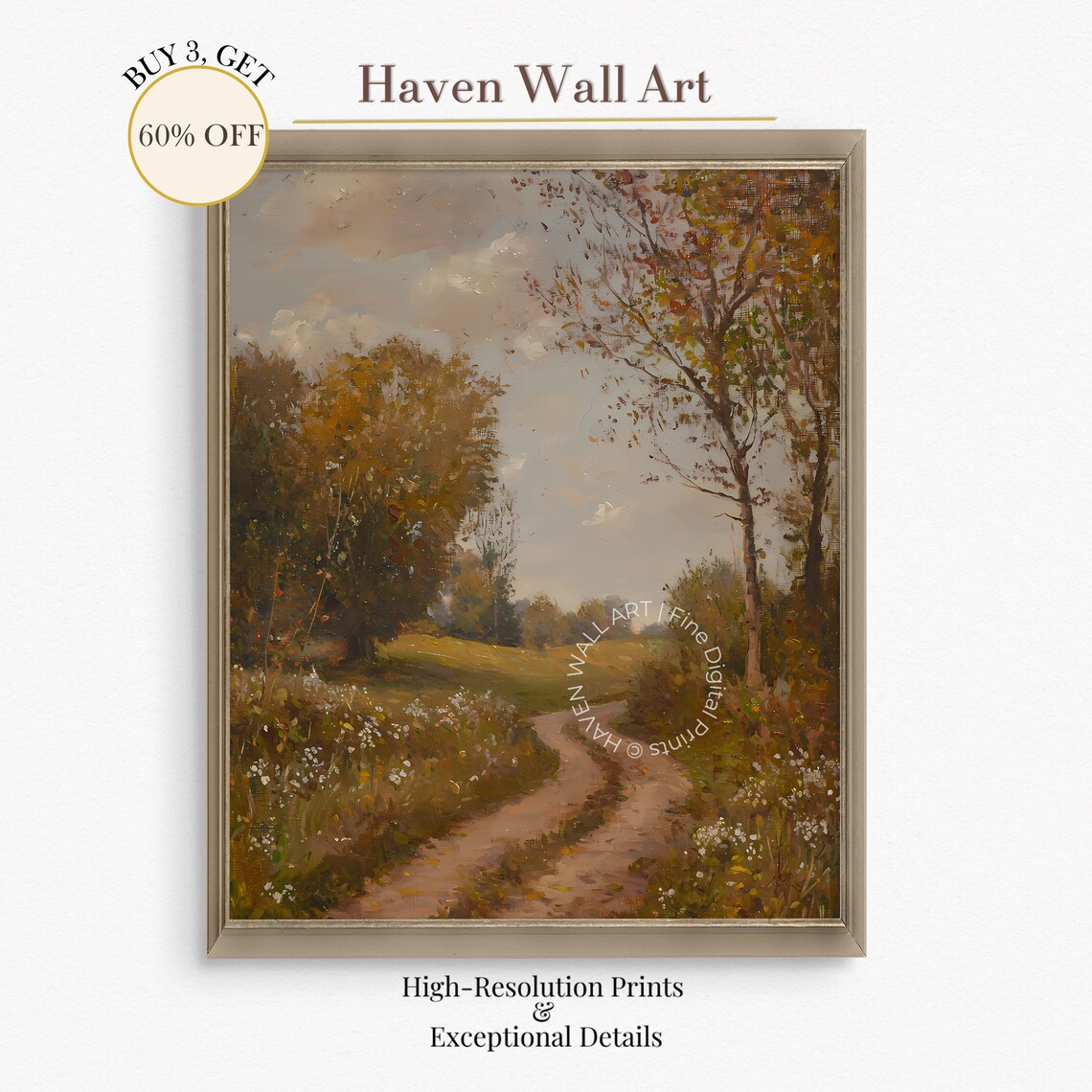Vintage Country Road Autumn Field Wildflowers Oil Painting Wall Art
