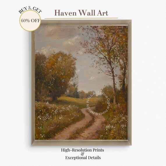 Vintage Country Road Autumn Field Wildflowers Oil Painting Wall Art