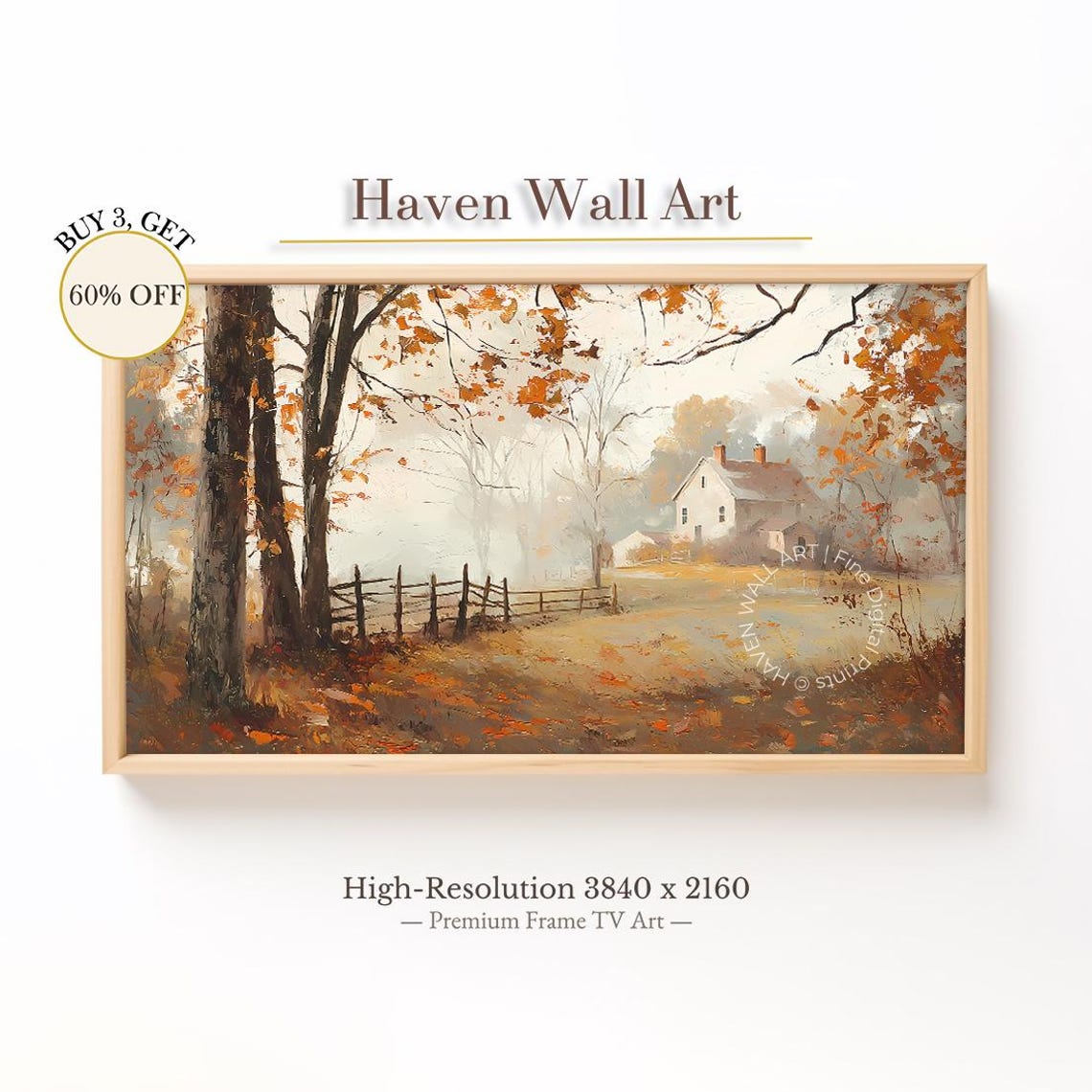 Foggy Morning Autumn Farmhouse Among Orange Trees Painting Poster