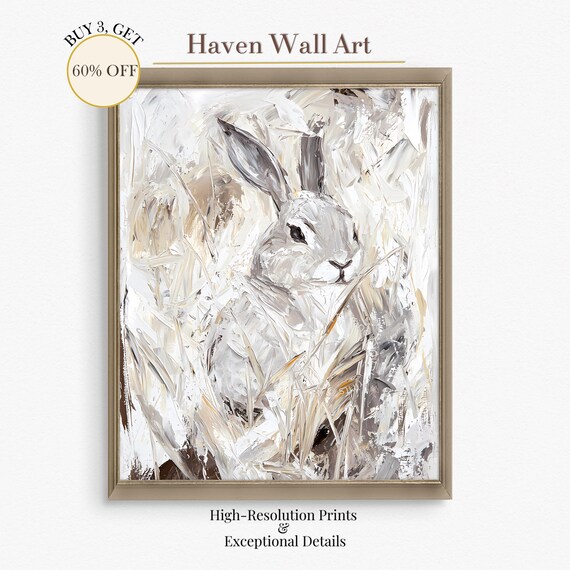 Grey Rabbit Portrait White Grasses Abstract Impasto Animal Painting Poster
